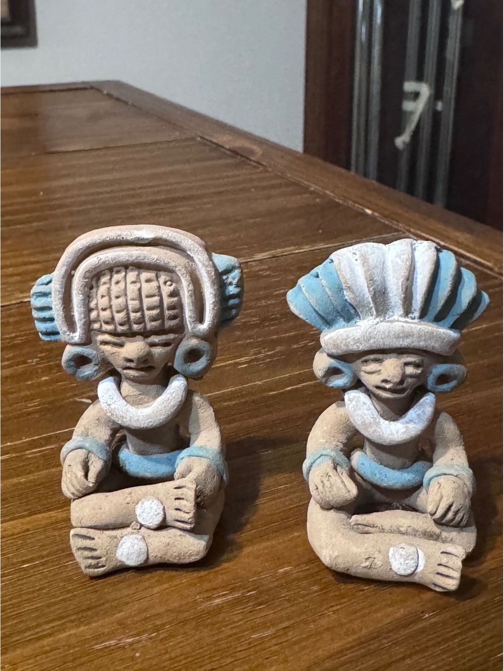 Pair Mesoamerican Style Pottery Figurines Folk Art Turquoise 3”